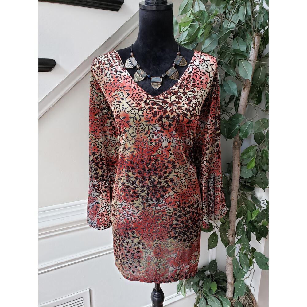 Avenue Blouse Top Women's 26/28 Burgundy Floral Velour Burnout Bell Sleeve Y2K